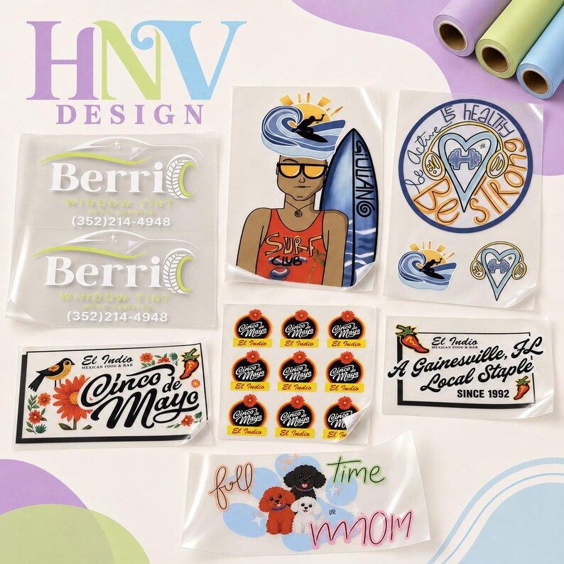 May include: A collection of various stickers and decals, including designs for "Berri Window Tint", "Cinco de Mayo", and "El Indio Mexican Food & Bar". Other designs feature a surfer, a heart with weights, and the text "full time mom".