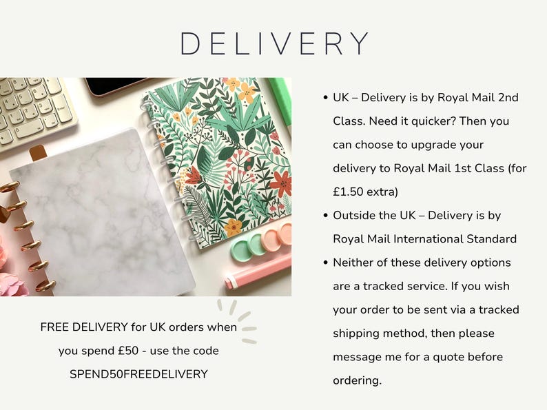 Written description of what to expect from delivery. In the UK, delivery is by Royal Mail second class. If you need it quicker, then you can choose to upgrade delivery to Royal Mail first class. There is free delivery for UK orders over £50, just use the code SPEND50FREEDELIVERY. Outside the UK, delivery is by Royal Mail International Standard. If you wish your order to be tracked, please message me for a shipping quote before ordering.