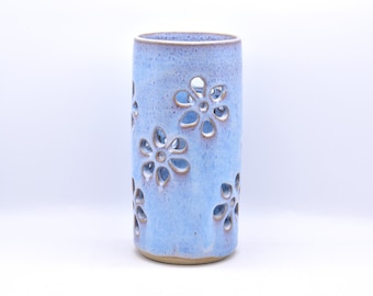 Utensil Pot, Dry Vase, Handmade Ceramic Pottery, Flecked Clay, Lavender Mist Glaze, Hand Carved, Perfect For Art And Craft Brushes Or Tools