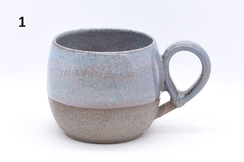 Coffee Mug, Tea Cup, Handmade Ceramic Pottery , Flecked Clay, Part Glazed In Various Colours 1. Silver Blue Sky