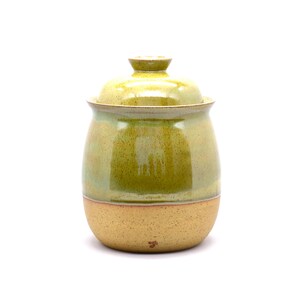 May include: A handmade ceramic jar with a lid. The jar is a light green color with a speckled tan base. The lid has a small knob on top. The jar is likely used for storage.