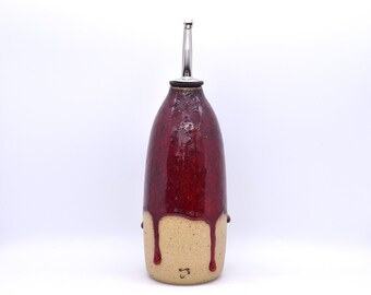 Oil Pourer Bottle, Vinaigrette Dressing Dispenser Cruet, Handmade Ceramic Pottery, Flecked Clay, Toffee Apple Red Glaze