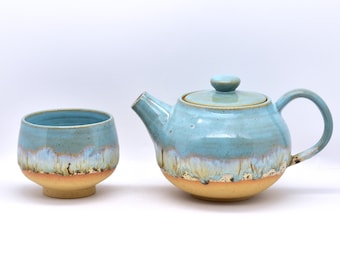 Teapot And Teacup Set, Hand Thrown Ceramic Pottery, Choose Your Favourite Colour, Small Tea Pot With Matching Tea Cup, Midnight Beach Glaze