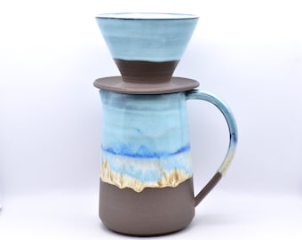 Pour Over Coffee Set, Hand Thrown Ceramic Pottery, Dripper And Jug, Grey Clay, Blue Lagoon Glaze