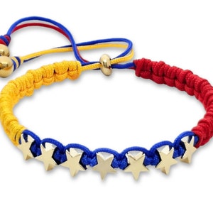 Dainty String Bracelet Venezuelan Flag (Yellow, Blue & Red) with 5 mm Gold Hematite Stars Adjustable Bracelet for Women or girls