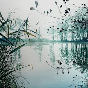 Acuarela original, Reflejo en un lago tranquilo, Arte natural (28 x 20 cm)