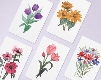Floral Watercolor Greeting Card Set | Blank Note Cards | 10 Folded Cards and 10 Envelopes