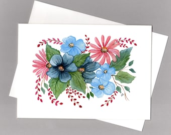 Folk Art Floral Note Card Set | Watercolor Note Cards | Hand Painted Prints | Blank cards with Envelope | Greeting Cards | Pink Blue Flowers
