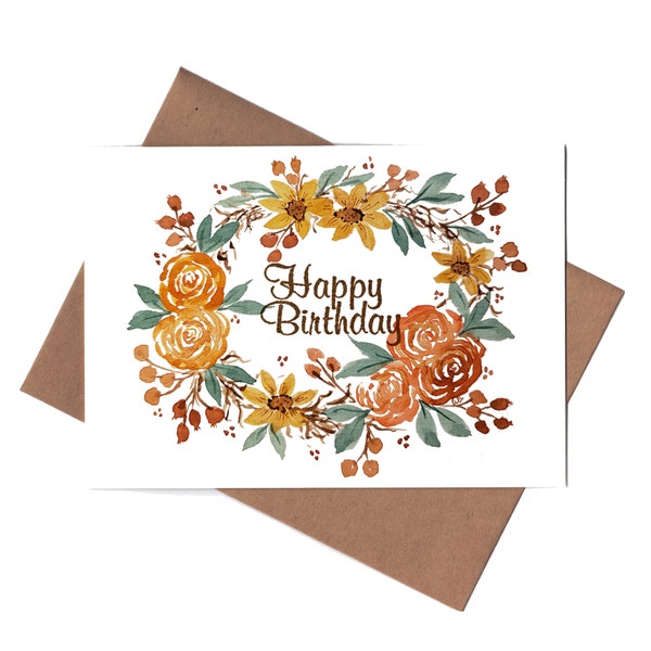 Happy Birthday Floral Grapevine Wreath Blank Greeting Card | Autumn Fall Warm Color Palette | 5 x 7 Blank Card | Watercolor Print