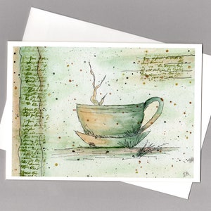 Tea / Coffee Time Whimsical Greeting Card | Any Occasion Pen and Watercolor Card | 5 x 7 | Print of Original Design