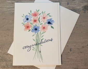 Blue and Coral Flowers Hand Painted Watercolor CONGRATULATIONS Greeting Card