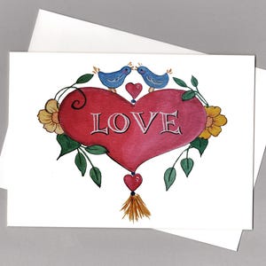 Love Birds LOVE Floral Heart Greeting Card | Watercolor Print | 5 x 7 Blank Card | Birthday | Anniversary | Wedding | Valentine