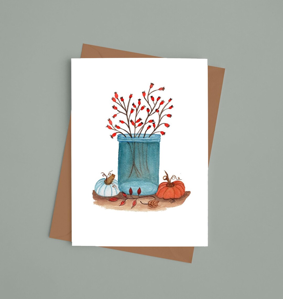 Autumn Watercolor Note Card Set: Botanical Fall Foliage, Pumpkins - Etsy