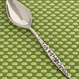May include: A stainless steel spoon with a polished, reflective bowl and a decorative handle. The handle features an etched design with dark accents. The spoon is set against a green woven placemat.