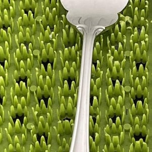 May include: A silver fork with a decorative design on the handle. The fork is on a green background.