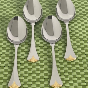 Yamazaki CARA Stainless Gold Accent 4 Oval Soup Spoons Japan Flatware - 7 1/2&quot;