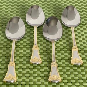 Royal Albert OLD COUNTRY ROSES Stainless 4 Oval Soup Spoons Glossy Gold Flatware