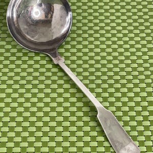 May include: A silver ladle with a rounded bowl and a long handle. The ladle is on a green woven placemat.
