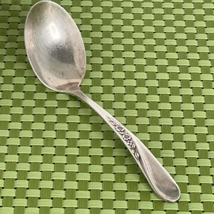 May include: A silver spoon with a rounded bowl and a long handle. The handle features a floral design. The spoon is placed on a green woven background.