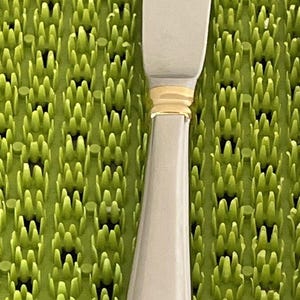 May include: A silver butter knife with a gold band around the handle. The knife is sitting on a green textured surface.