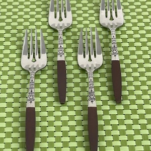 Interpur INR2 Stainless 4 Salad Forks Brown Synthetic Handle Flatware - 7 1/4&quot;