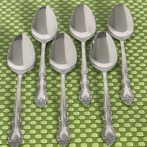 Imperial Intl FLEURETTE Stainless 6 Oval Soup Spoons Twin Floral Flatware 7 1/4”