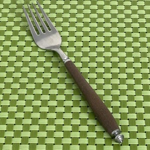 May include: A stainless steel fork with four tines and a brown handle. The handle has a textured appearance and is capped with a silver metal end. The fork is set against a green woven placemat.