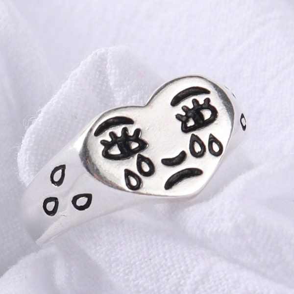 Silver Adjustable Crying Face Ring,Sad Face & Love Heart Rings,Cute Tears Emoji Ring - 925 Sterling Silver plated