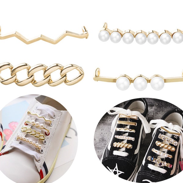 Gold Shoelaces Charms,Pearl Shoelaces Buckles,Crystal Shoelaces Tags Decoration Unique Lace Locks Shoelace Chain For Shoes Accessory