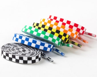 Plait Flat Shoelaces,Width 8mm Checkerboard Laces,Mosaic Cotton Shoelaces,Black/Red/Blue/Green/Yellow Muzzik Shoelace Vans Fashion Shoelaces