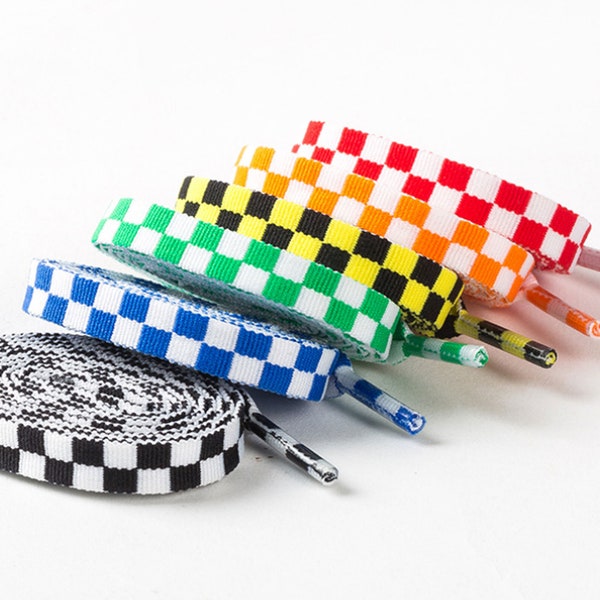 Plait Flat Shoelaces,Width 8mm Checkerboard Laces,Mosaic Cotton Shoelaces,Black/Red/Blue/Green/Yellow Muzzik Shoelace Vans Fashion Shoelaces