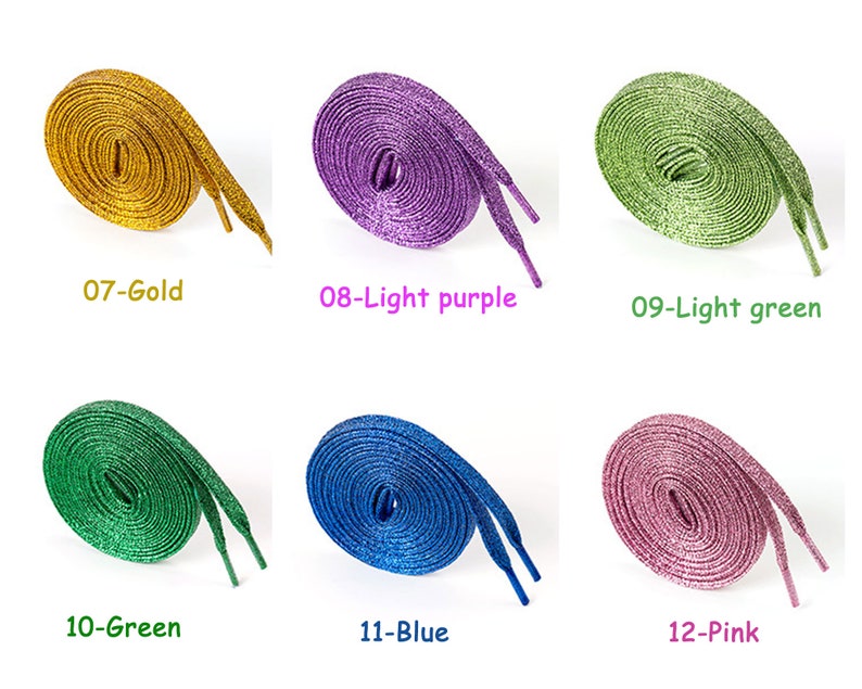 May include: Six pairs of sparkly shoelaces in different colors: gold, light purple, light green, green, blue, and pink.
