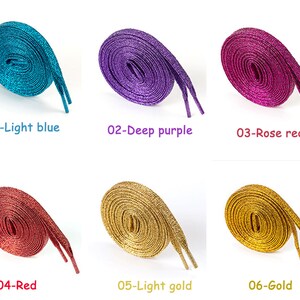 May include: Six spools of glitter shoelaces in various colors: light blue, deep purple, rose red, red, light gold, and gold.
