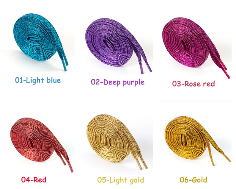 May include: Six spools of glitter shoelaces in various colors: light blue, deep purple, rose red, red, light gold, and gold.