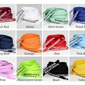 May include: A set of 12 shoelaces in various colors, including dark red, white, mint green, royal blue, navy blue, orange, red, pink blue, pink, fluorescent green, black, and yellow. Each shoelace has the word "SHOELACES" printed on it.