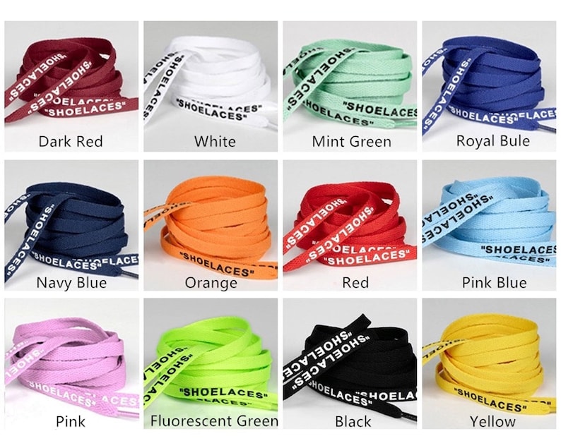 May include: A set of 12 shoelaces in various colors, including dark red, white, mint green, royal blue, navy blue, orange, red, pink blue, pink, fluorescent green, black, and yellow. Each shoelace has the word "SHOELACES" printed on it.