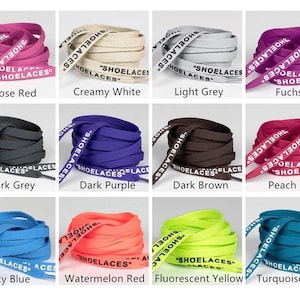 May include: A set of 10 shoelaces in various colors, including rose red, creamy white, light grey, fuchsia, dark grey, dark purple, dark brown, peach red, sky blue, watermelon red, fluorescent yellow, and turquoise blue. Each shoelace has the word "SHOELACES" printed on it.