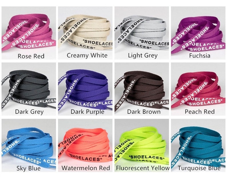 May include: A set of 10 shoelaces in various colors, including rose red, creamy white, light grey, fuchsia, dark grey, dark purple, dark brown, peach red, sky blue, watermelon red, fluorescent yellow, and turquoise blue. Each shoelace has the word "SHOELACES" printed on it.