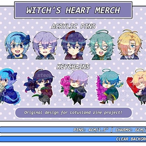 Puede incluir: Un conjunto de mercancía de Witch's Heart con pines acrílicos y llaveros. Los pines tienen un diámetro de 4 cm y los charms de 6 cm. Los diseños presentan personajes con cabello azul, morado, verde y amarillo. El fondo es transparente.