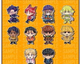 May include: A collection of ten double-sided epoxy phone charms featuring chibi-style anime characters. Each charm measures 3.5 cm or 1.4 inches. The characters display various hair colors, outfits, and expressions against an orange background.