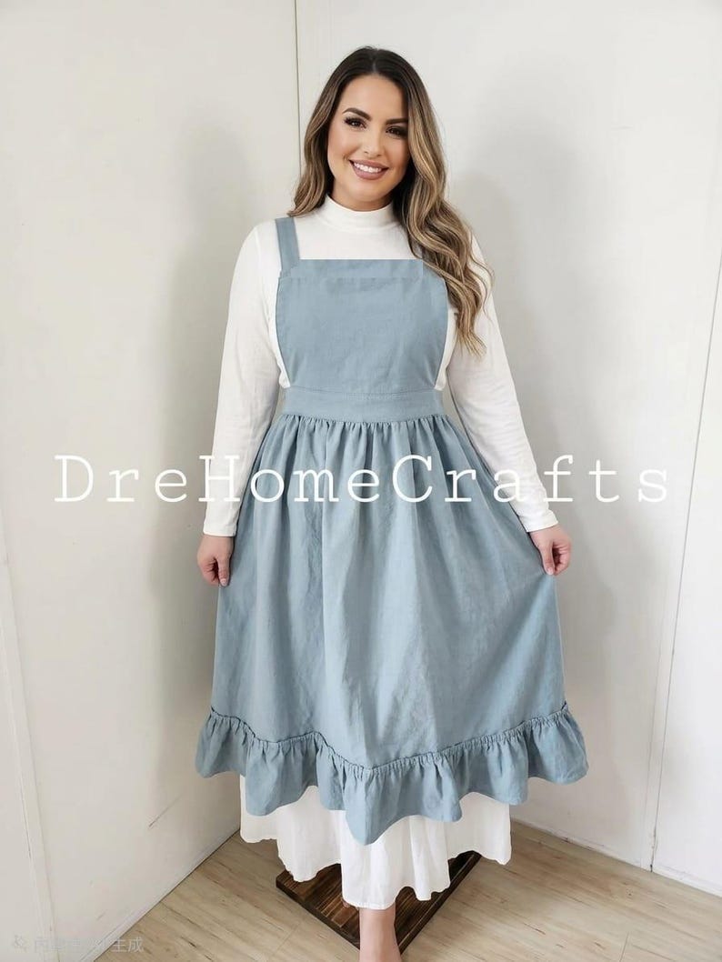 May include: A light blue apron dress with a ruffled hem. The dress has a square neckline and wide straps. The text "DreHomeCrafts" is printed on the dress. The dress is worn over a white long-sleeved top.