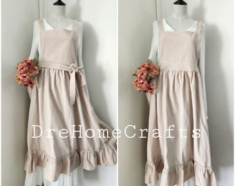 Schürze für Frauen Retro, Beige, mit Tasche, Rüschenschürze, Schürzenkleid im Vintage-Stil, Schürze aus Leinen, Valentinstagsgeschenk für ihre Idee