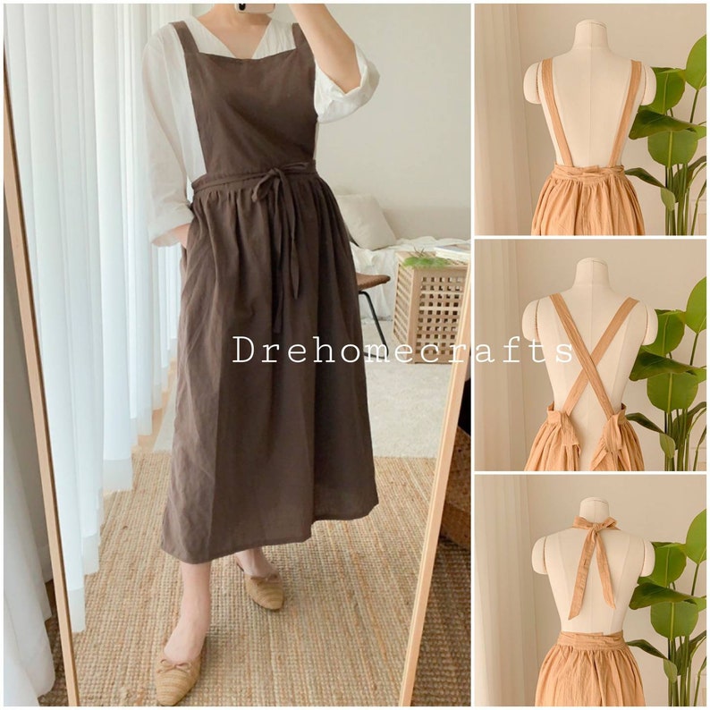 Schürze Frauen niedlich , Schürzen Frauen mit Taschen, Schürze Frauen retro , Küchenschürze Kleid , verstellbar , crossback , leicht Brown