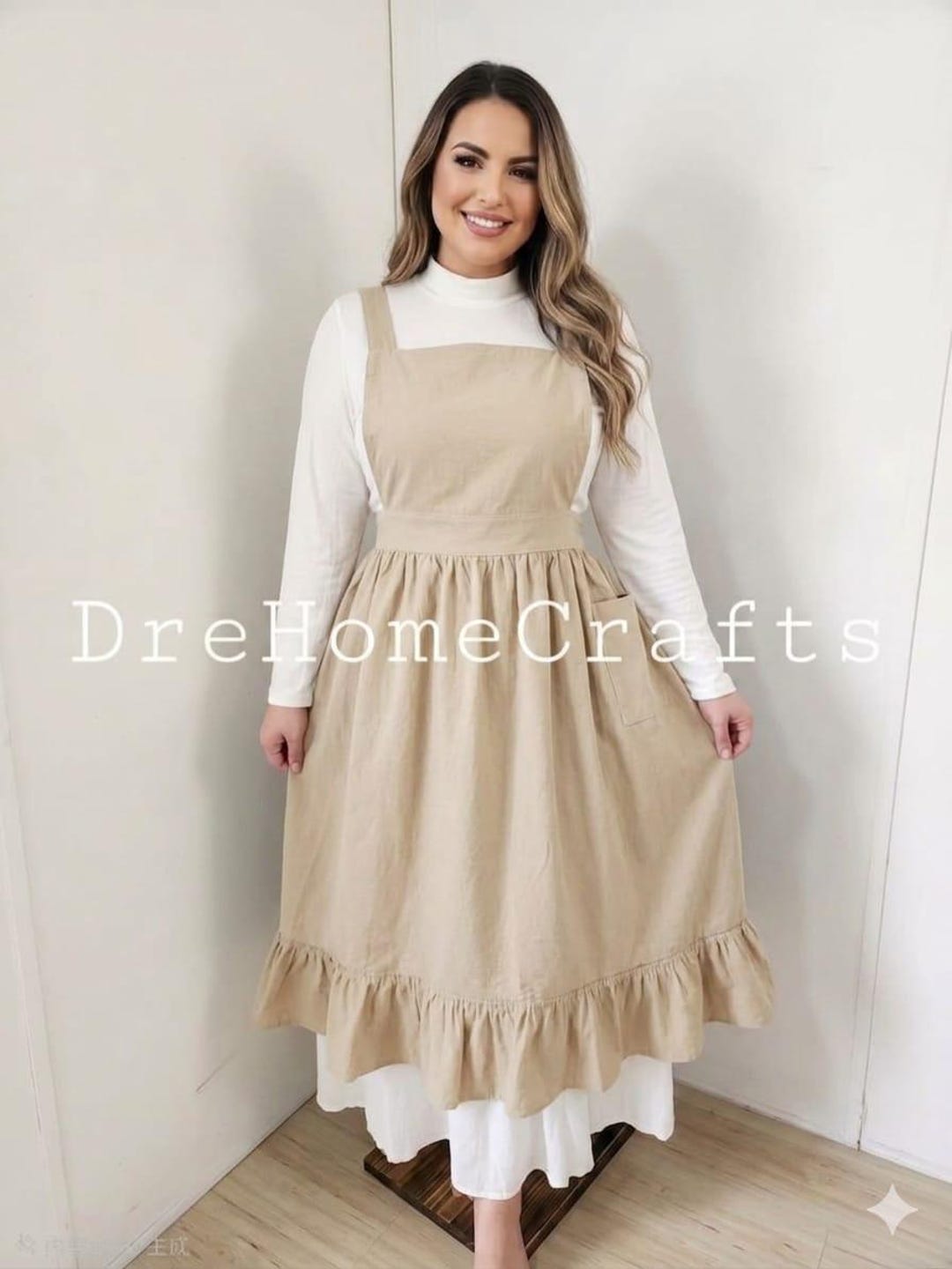 Cotton Linen Apron Dress, Vintage Style, Ruffled Hem, Front Pocket