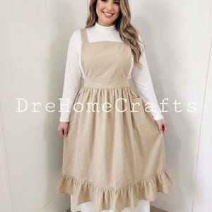 Cotton Linen Apron Dress, Vintage Style, Ruffled Hem, Front Pocket , French kitchen apron , retro farmhouse cooking apron