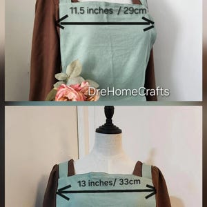 May include: A light green apron with brown straps and sleeves is displayed on a mannequin. The apron measures 11.5 inches (29 cm) and 13 inches (33 cm) across. The text "M-L" and "XL" are visible.