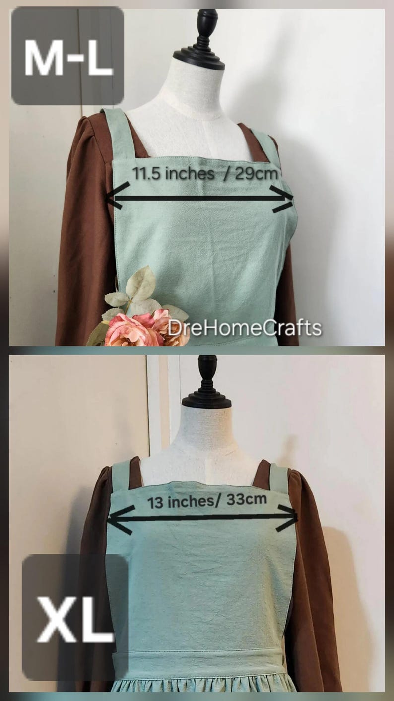 May include: A light green apron with brown straps and sleeves is displayed on a mannequin. The apron measures 11.5 inches (29 cm) and 13 inches (33 cm) across. The text "M-L" and "XL" are visible.