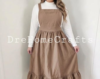 Retro Cotton Linen Apron Dress, Ruffled Hem, Front Pocket, Adjustable Straps