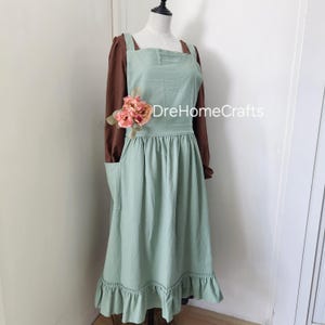 Pinafore apron with pockets small to plus size , cross back apron blue green , Japanese style apron with ruffles , vintage style garen apron
