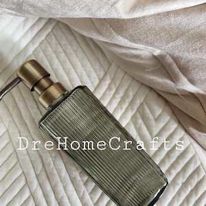 Green Grey handblown handpainted glass bottle , soap dispenser , hand soap , bronze , reusable bathroom lotion jar , kitchen , square shape